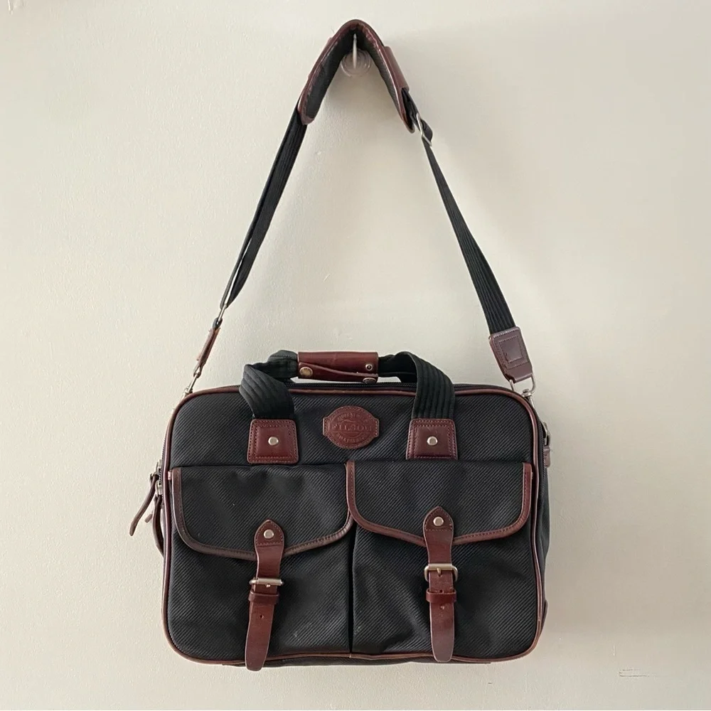C.C. Filson Seattle Black Brown Leather Passage Saddlebag Briefcase Carrying Bag
